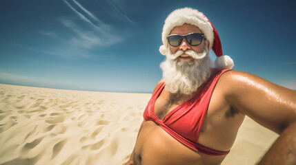santa selfie at the beach in sunglasses and red bikini top for summer christmas	