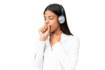Telemarketer African American woman working with a headset over isolated chroma key background is suffering with cough and feeling bad