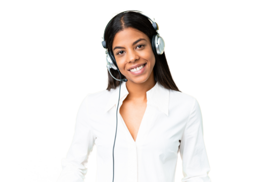 Telemarketer African American woman working with a headset over isolated chroma key background laughing