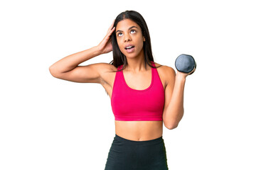 Young African American woman sport woman making weightlifting over isolated chroma key background with surprise expression