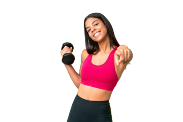 Young African American woman sport woman making weightlifting over isolated chroma key background pointing front with happy expression
