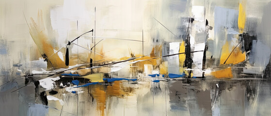 pintura abstracta en colores azul, negro, amarillo, blanco sobre lienzo, decorativo, ilustración de ia generativa
