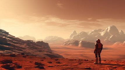 Fototapeta na wymiar Astronaut sitting on Mars and admiring the scenery. Exploring Mission To Mars. Futuristic Colonization and Space Exploration Concept. 3d rendering.