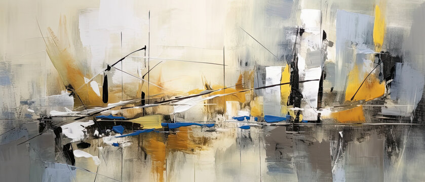 fondo de pintura abstracta en colores blanco, beige, negro, amarillo sobre lienzo, decorativo, ilustración de ia generativa