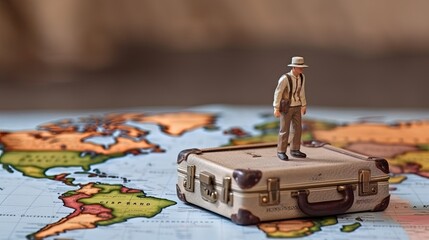 Miniature tourist stands at geographical map. Vacation of traveler and explorer. Concept for travel company and weekend. Little toy man created with Generative AI Technology
