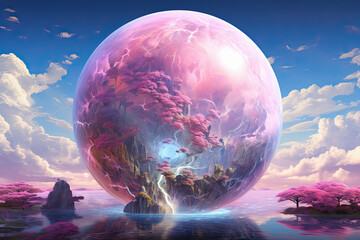 paisaje de un planeta irreal en tonos rosas con una esfera gigante. .ilustracion de ia generativa - obrazy, fototapety, plakaty