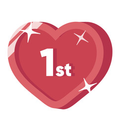 1st anniversary badge with 3d heart view, isolated background. One-year love label with sparkles. Special day to remember and celebrate wedding concept.