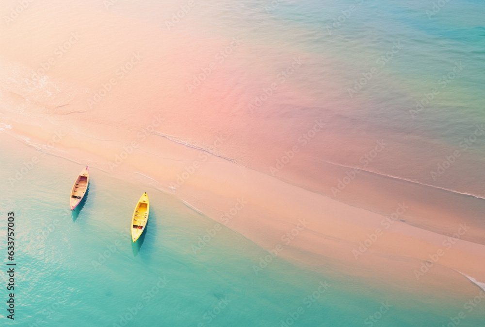 Wall mural flat lay of a beautiful exotic sea coast, two pastel boats in the water. summer tropical sport, kaya