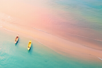 Flat lay of a beautiful exotic sea coast, two pastel boats in the water. Summer tropical sport,...