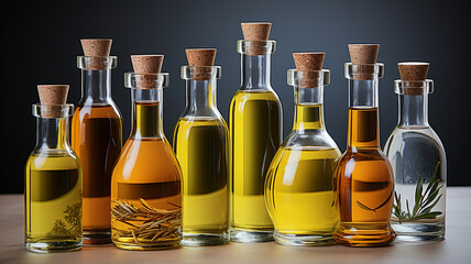 different bottles of olive oil on white background