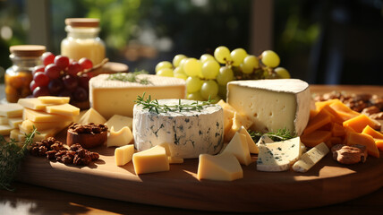 various cheeses and cheese on a board.