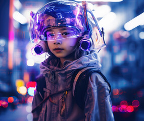 A cyber kid, young girl in a robot suit on the streets of a futuristic city. Virtual reality becomes reality and artificial intelligence rules humanity.