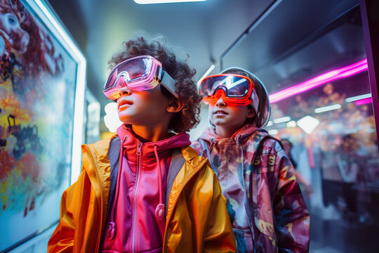 Futuristic cyberpunk arcade with machines where are young people, teenagers in eccentric costumes, the youth of the technological future know how to have fun. - Powered by Adobe