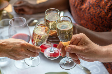 People clinking glasses with champagne at home, or restaurent closeup