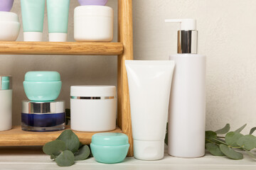 Care cosmetics on the shelf in the bathroom. Cosmetic tube. Cleanser, face and body cream, face...
