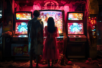 Futuristic cyberpunk arcade with machines where are young people, teenagers in eccentric costumes, the youth of the technological future know how to have fun.