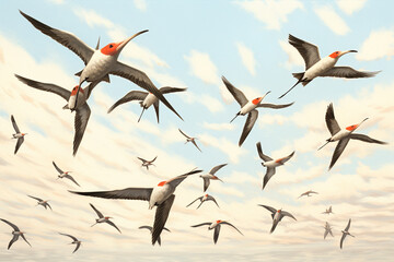 Flock of African skimmers - obrazy, fototapety, plakaty