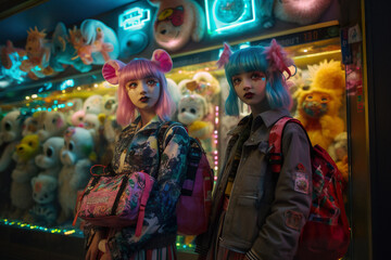 Obraz premium In the future, every day is Halloween. People in eccentric cyber costumes walk the streets of the neon city. Fashion shows of futuristic costumes.