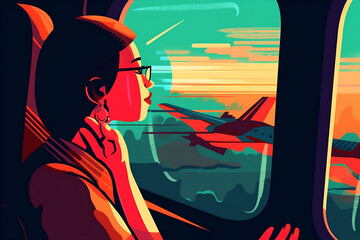 woman seat trip character flight window journey plane passenger transportation air. Generative AI.