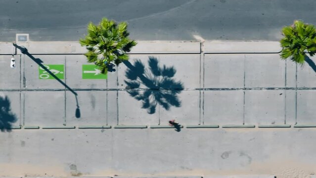 Top view of active man riding bicycle on the road, Santa Monica, Los Angeles, California, USA. Aerial view of cyclist training on the street. Drone shot of pedestrians walking on sidewalk, 4k footage