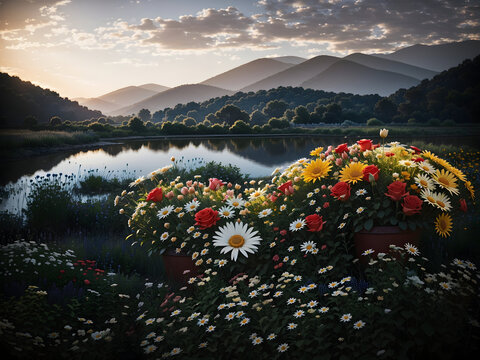 In this enchanting image, the riverbank awakens to a symphony of beauty as resplendent flowers bloom gracefully in the embrace of a sunrise morning. Bathed in the tender light of dawn, each petal beco