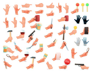 Human hands with items set. Gestures are different. Fun cartoon style. Isolated on white background. Vector
