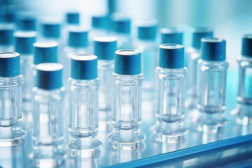 Glass vials for liquid samples. Laboratory equipment for dispensing fluid samples. Shallow depth of field.