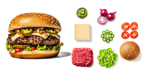 Guacomole burger with ingredients on transparent background
