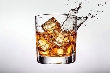 Glass of whiskey with ice with splashes. White background. Splashes and drops of whiskey fly from the glass in different directions.