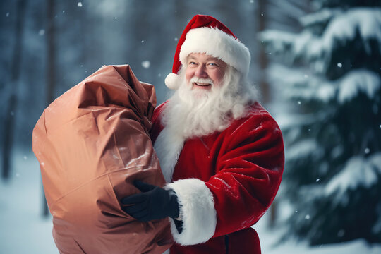 Happy Santa Claus with a big bag of gifts for children in a snowy forest. Merry Christmas. New Year's Eve concept. Bright image of Santa for advertising and design.