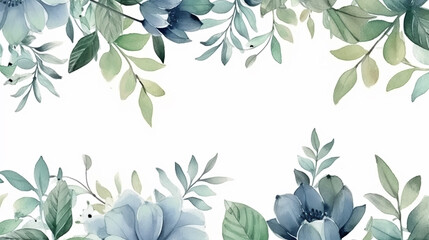 Watercolor painted greenery frame template. Bouquet with green, blue branches and leaves. Seamless 