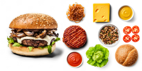 Mushroom Burger with ingredients on transparent background