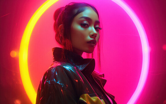 Enthusiastic, beautiful, attractive-looking girl poses in the dark streets of the city, which are illuminated by neon cyber lights. Modern fashion portrait.