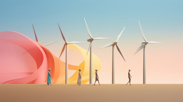 Pastel minimal illustrated ecology concept, windmills producing electricity. Environmental awareness is part of general culture.
