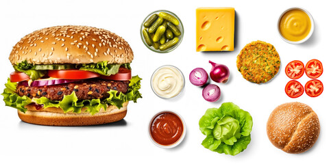 Fototapeta premium Veggie Burger with ingredients, Veggie patty, Cheddar cheese, Lettuce, Tomato slices, Pickles, Onions, Ketchup, Mustard, Mayonnaise, Whole wheat bun on transparent background