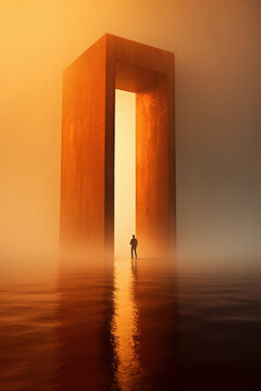 A geometric three-dimensional portal of hot fiery red-orange color, an abstract door to other dimensions.