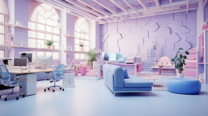 Soft pastel office, open space workplace concept in a large corporation. Windows that let in light, a healthy working environment for colleagues.