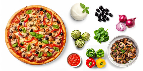 Veggie Pizza with ingredients, olives, artichokes, spinach, bell pepper, tomato sauce, mushrooms,...