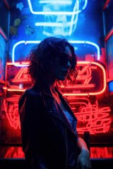Enthusiastic, beautiful, attractive-looking girl poses in the dark streets of the city, which are illuminated by neon cyber lights. Modern fashion portrait.