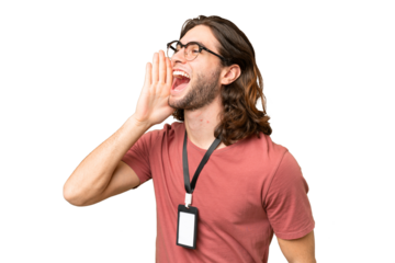 Young handsome man with ID card over isolated background shouting with mouth wide open to the side