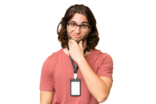 Young handsome man with ID card over isolated background thinking