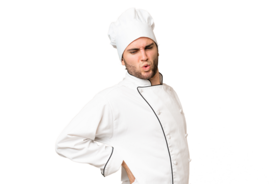 Young handsome chef man over isolated background suffering from backache for having made an effort