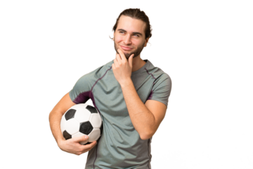 Young handsome football player man over isolated background and looking up
