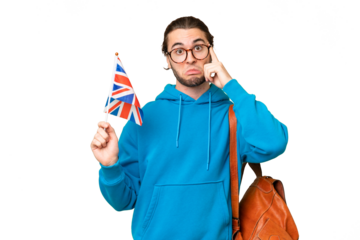 Young handsome man holding an United Kingdom flag over isolated background thinking an idea