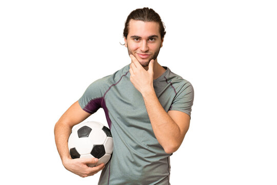 Young handsome football player man over isolated background thinking