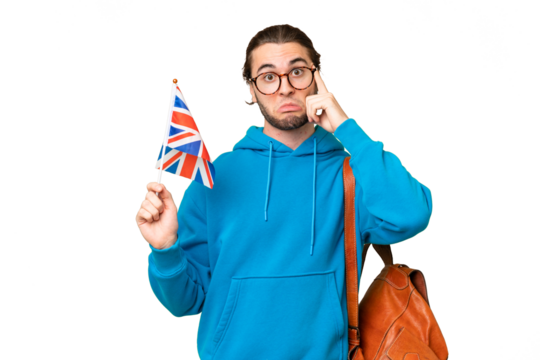 Young handsome man holding an United Kingdom flag over isolated background thinking an idea