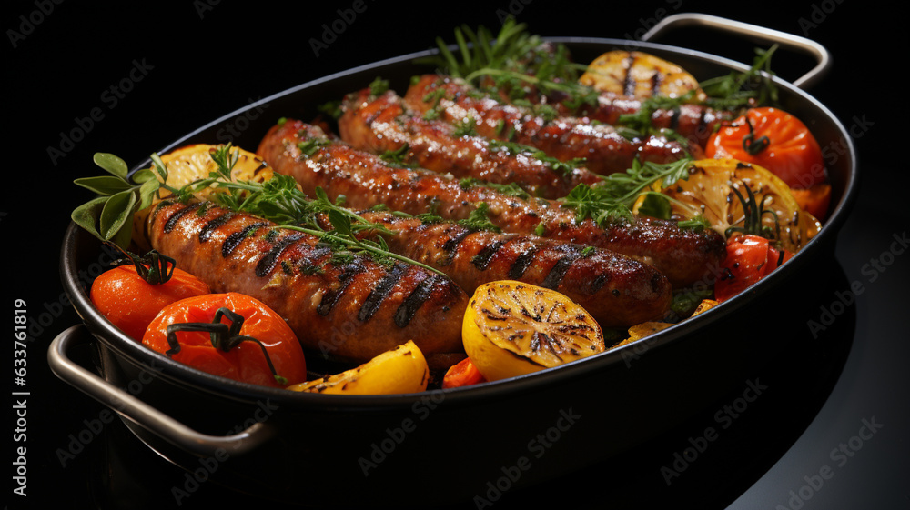 Wall mural grilled meat with vegetables and herbs in pan on table