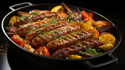 grilled meat with vegetables and herbs in pan on table