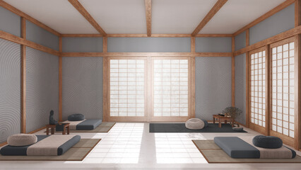 Minimal meditation room in white and gray tones, pillows, tatami mats and paper doors. Wooden beams and resin floor. Japanese interior design
