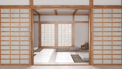 Minimal meditation room in white and beige tones with paper door. Capet, pillows and tatami mats. Wooden beams and wallpaper. Japandi interior design